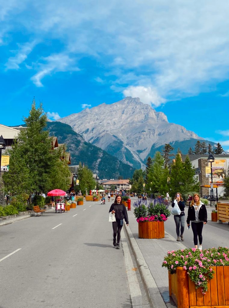View of the mountains in downtown Banff